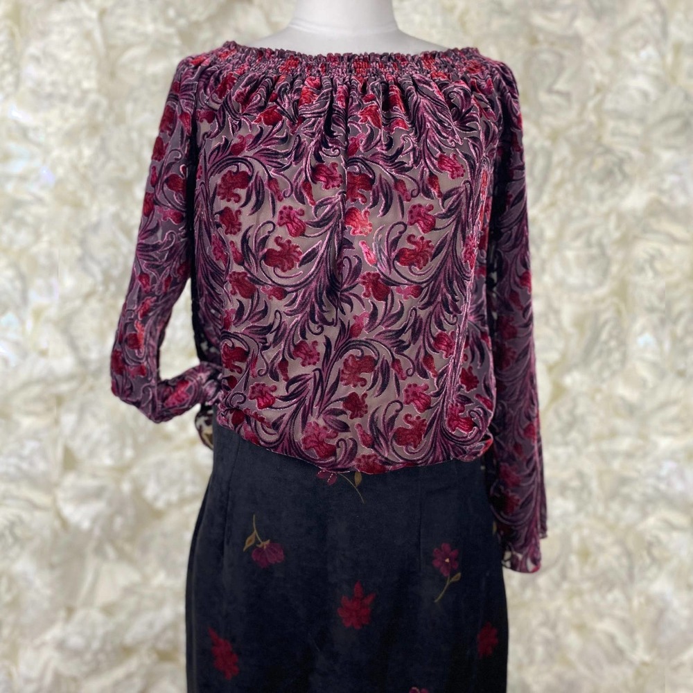 Alexia Admor Witchy Purple Velvet Off Shoulder Bell Sleeve Floral Top Sz Medium